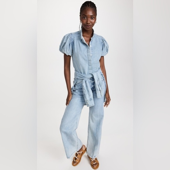 FRAME  Pleated Puff Sleeve Top in Cresthaven - Picture 3 of 11